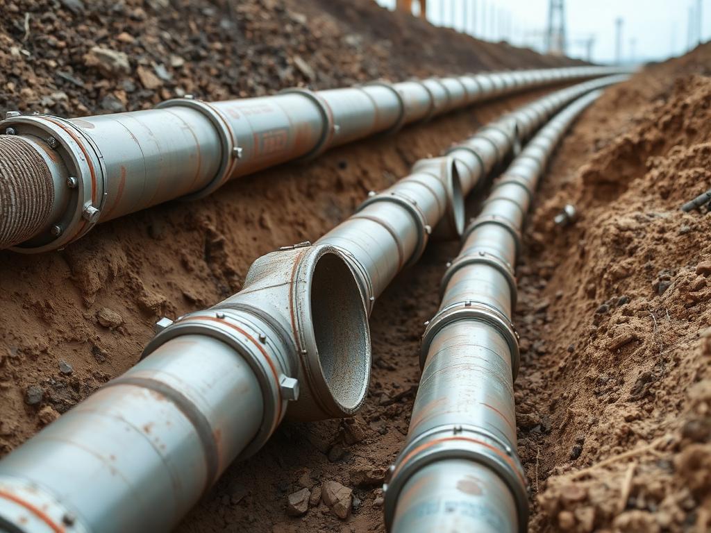 Welded steel pipeline sections in a trench