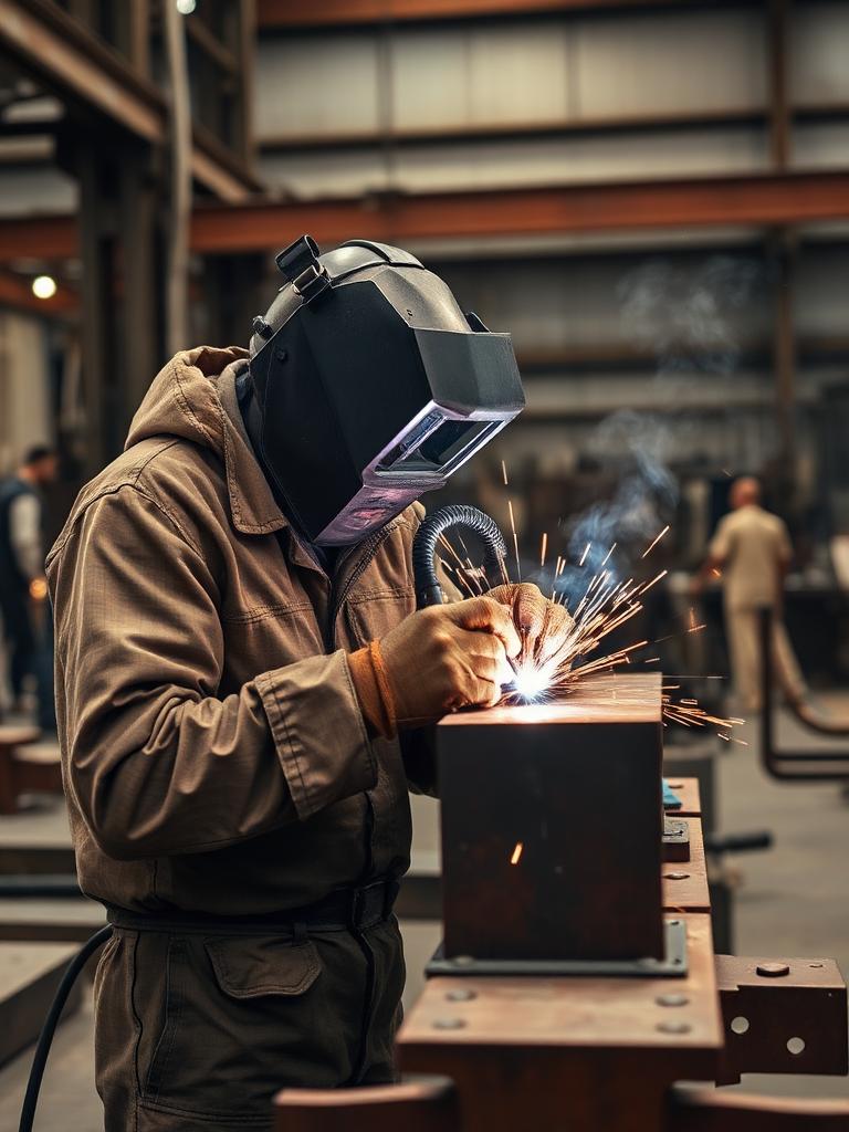 Welder working on a steel section, sparks visible