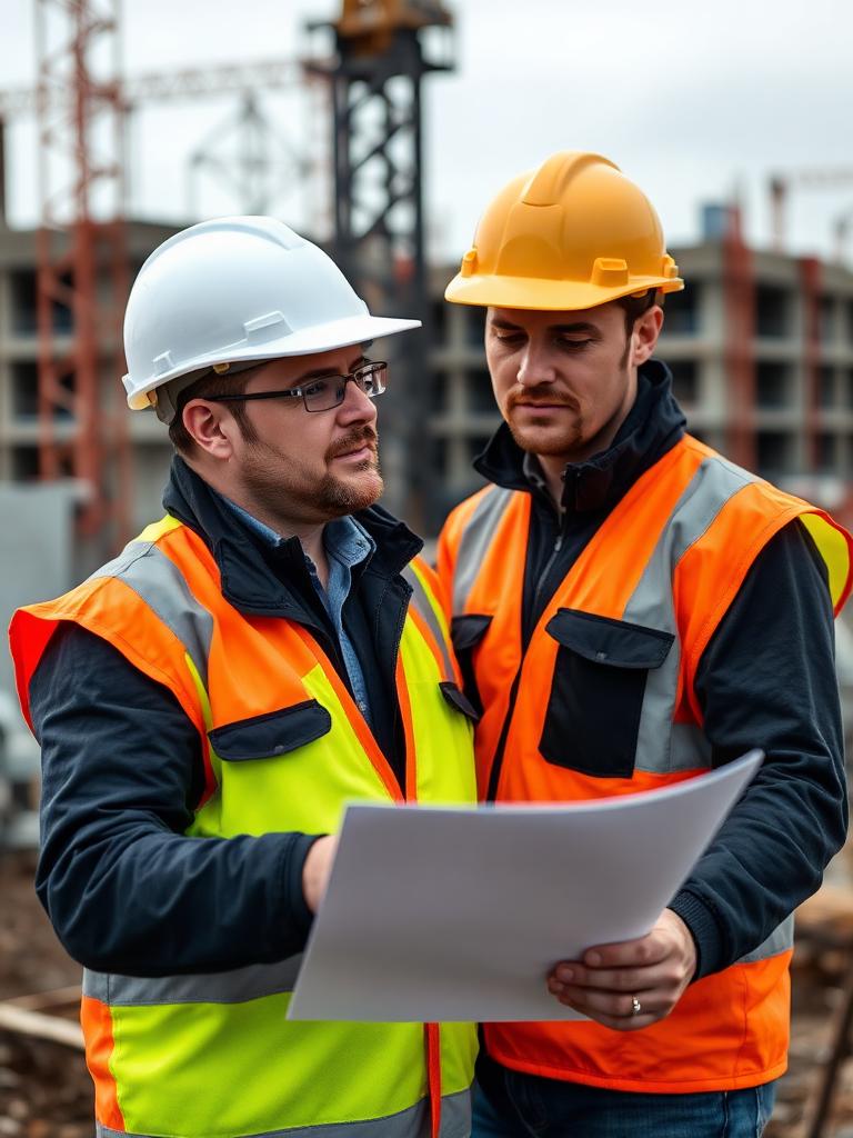 Site engineer in helmet and vest reviewing drawings