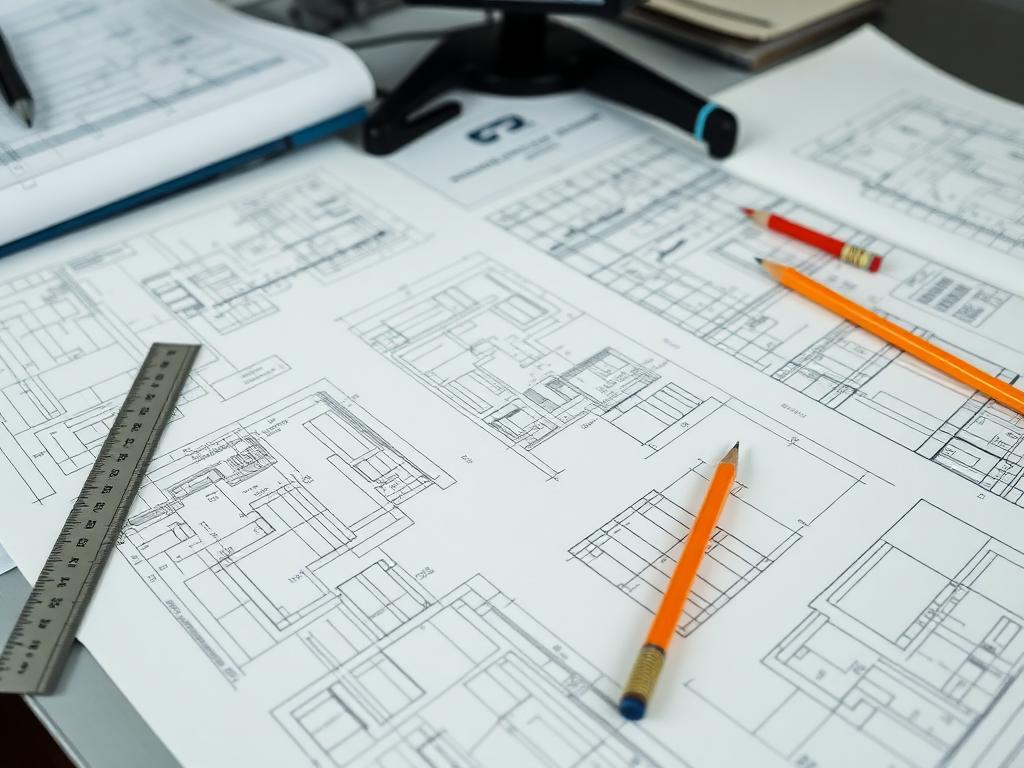 Engineering drawings spread across a desk