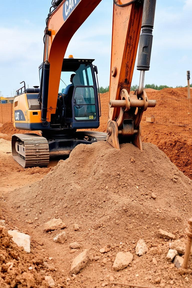 Excavator moving earth on a prepared site